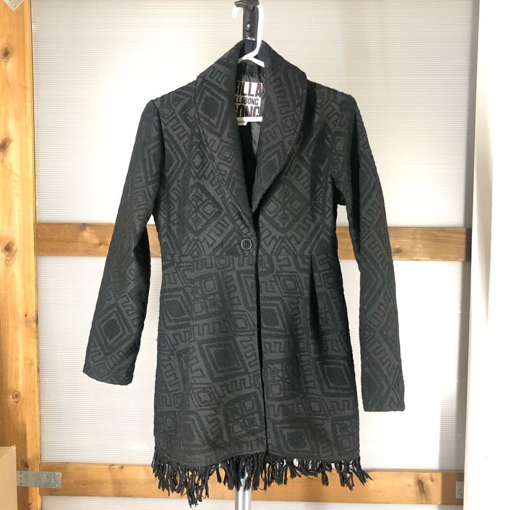 BILLABONG Black Wool‎ Blended Texture Fringe Winter Coat Jacket Sz M